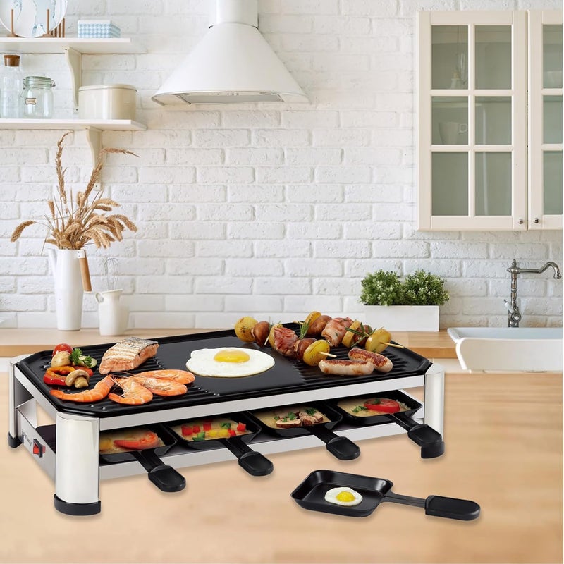 Tamarit 8-Person Raclette Grill, Electric Party Grill with Nonstick Plate, 8 Pans and Spatulas, 1500 W (Indoor), Stainless Steel - Image 5
